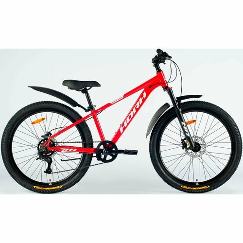 Велосипед горный HORH ROHAN RHD 6.0 26' (2024), хардтейл, детский, для мальчиков, алюминиевая рама, 7 скоростей, дисковые гидравлические тормоза, цвет Red-White-Black, красный/белый/черный цвет, размер рамы 13,5', для роста 150-160 см