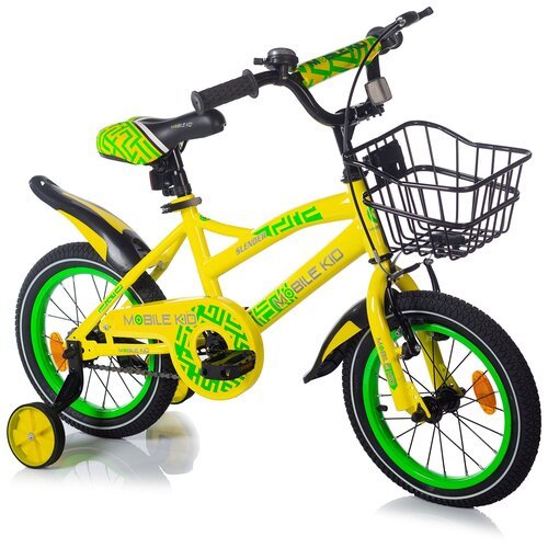 Велосипед детский с тренировочными колесами Mobile Kid Slender, 14 дюймов, желто-зеленый