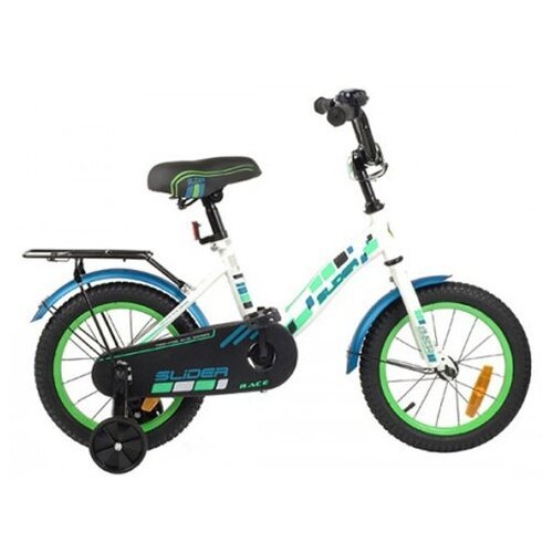 Велосипед Slider 14', с дополнительными колесами, цвет белый голубой зелено - неоновый / велосипед детский