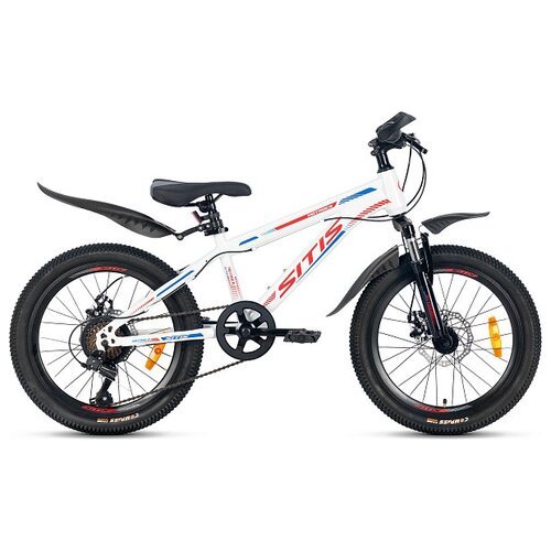 Велосипед детский SITIS HOTROCK 20 (2022) для детей от 6 до 8 лет стальная рама, с крыльями, подножкой, 21 скорость, дисковые механические тормоза, цвет бело-красный, для роста 120-135