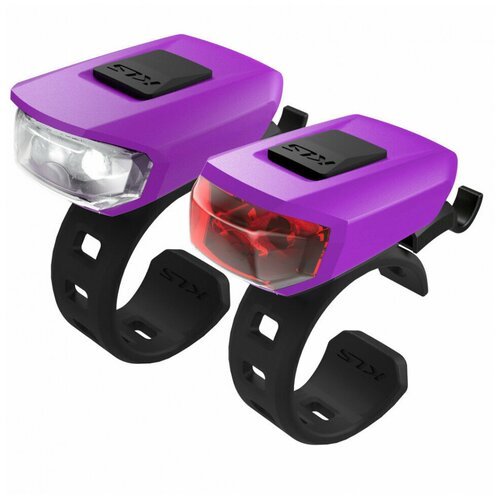 Комплект освещения KLS VEGA фиолетовый: 10лм/3лм, 2x LED, режимы: 100% (180ч), 50% (360ч), мигающий (360ч), батарейки 2хCR2032 в компл, универсальное крепление на руль и подс. штырь, влагозащита IPX 4