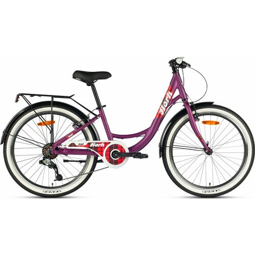 Велосипед городской HORH LEAF 24' (2024), ригид, детский, женский, для девочек, алюминиевая рама, 7 скоростей, дисковые механические тормоза, цвет Dark Purple-Red-White, фиолетовый/красный/белый цвет, размер рамы 12', для роста 130-145 см