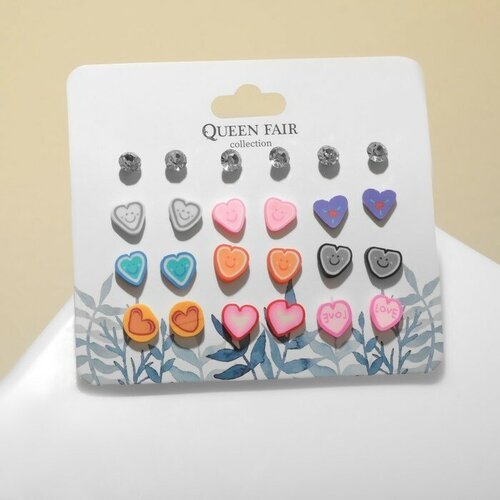 Queen fair Пусеты 12 пар «Сердечки» смайлик, цветные в серебре