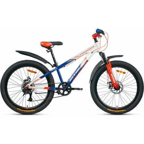 Велосипед горный SITIS CROSSER SCR24MD 24' (2024), хардтейл, детский, для мальчиков, алюминиевая рама, 7 скоростей, дисковые механические тормоза, цвет White-Blue-Orange, белый/синий/оранжевый цвет, размер рамы 12', для роста 130-145 см