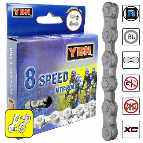 Велосипедная цепь YBN S8-RB, 1/2'x3/32', 116 звеньев, 8 скоростей, замок цепи